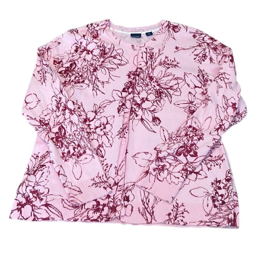 Basic edition size XL pink with red flowers button front cardigan GUC